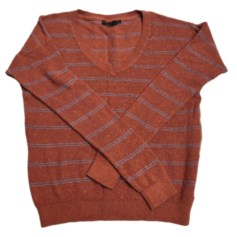 Prana Milani V neck Sweater Long Sleeve Gingerbread Stripe Size Large
